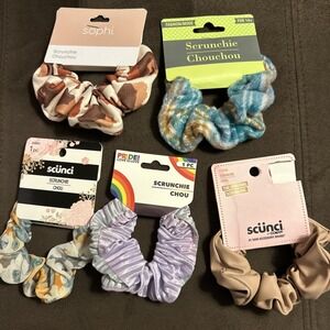 Lot Of Five‎ Scrunchies Cotton Satin Flannel & Faux Leather  Lot 001